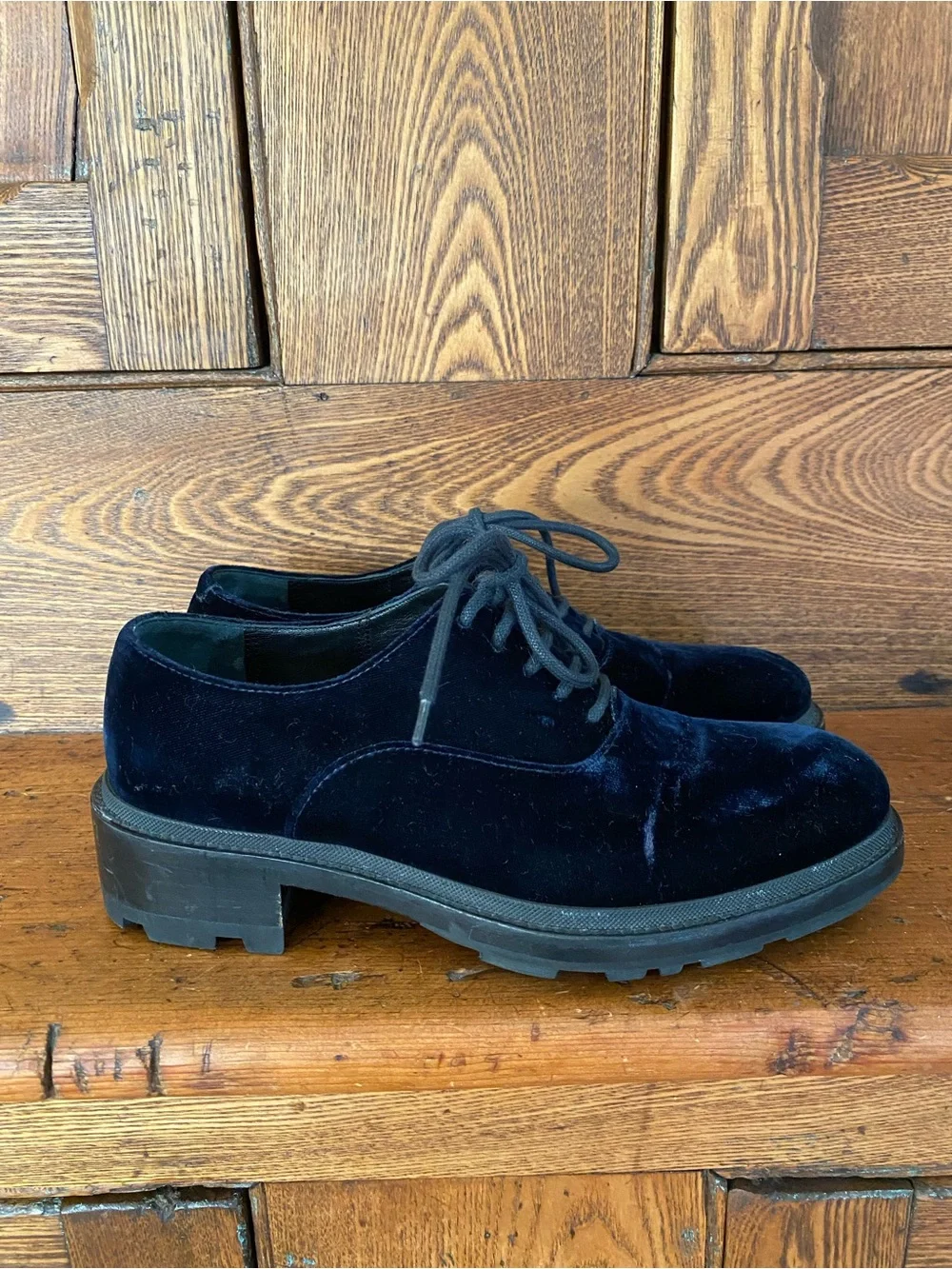 Jil Sander 35 navy blue velvet Oxford chunky sole shoes